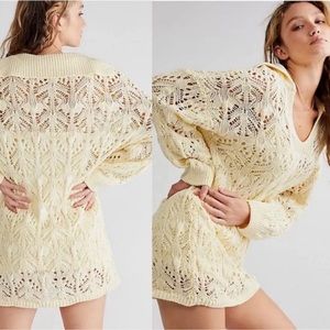 Free People Light Yellow Crochet Knit Mini Dress